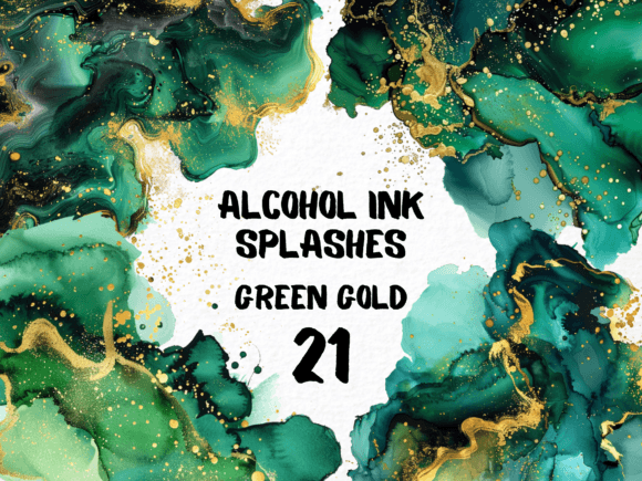 Abstract Green Gold Color Ink Splash PNG: Dynamic Design Assets
